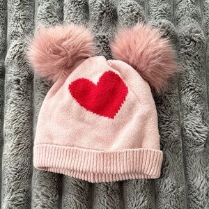 GAP Pink Hat with Red Heart and Pom-Poms